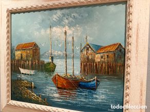 Arte: Cuadro óleo sobre tela . Puerto marítimo. LUINI